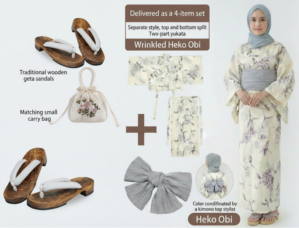 Amemari Women’s 100% Cotton Yukata Set (Violet x Gray)
