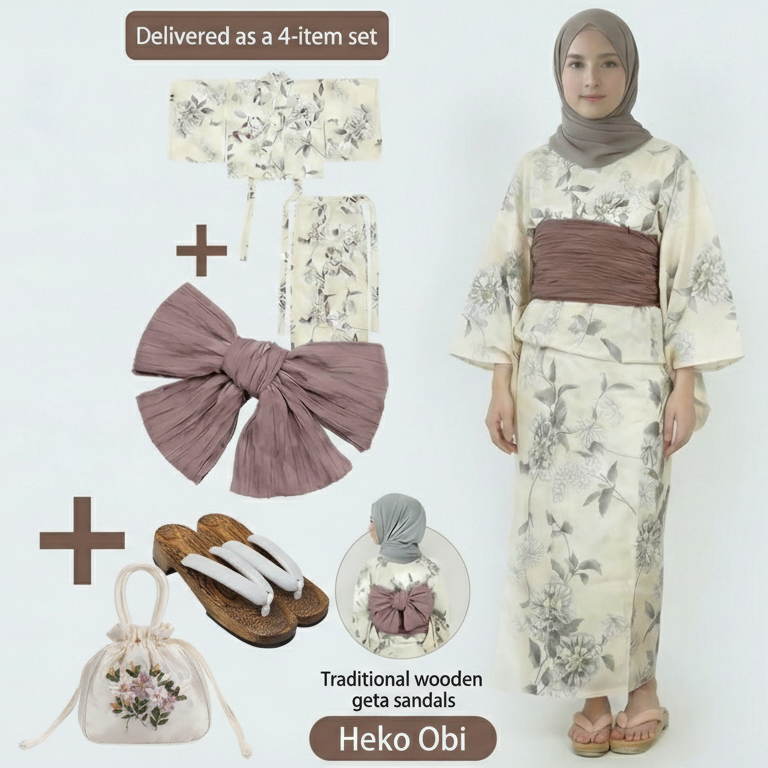 Amemari Women’s 100% Cotton Yukata Set (Blue Ash x Lavender Rose)