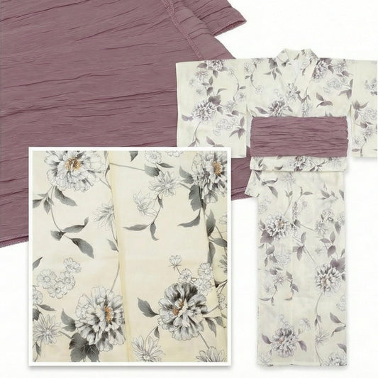 Amemari Women’s 100% Cotton Yukata Set (Blue Ash x Lavender Rose)