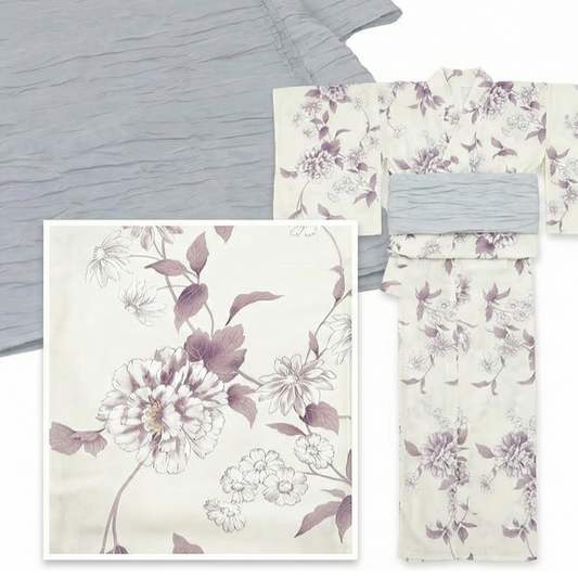Amemari Women’s 100% Cotton Yukata Set (Violet x Gray)