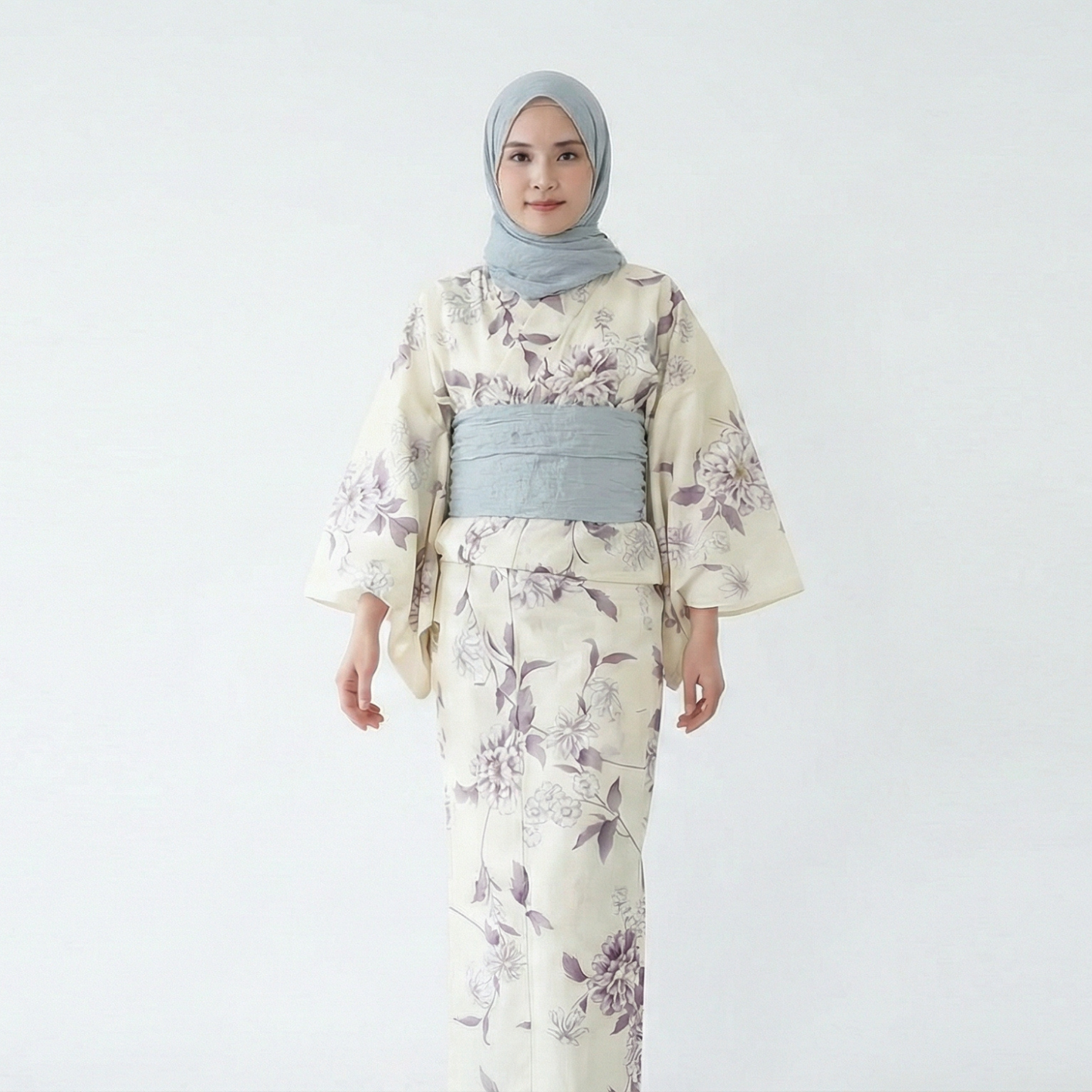Amemari Women’s 100% Cotton Yukata Set (Violet x Gray)