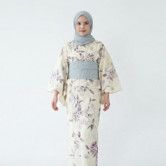 Amemari Women’s 100% Cotton Yukata Set (Violet x Gray)